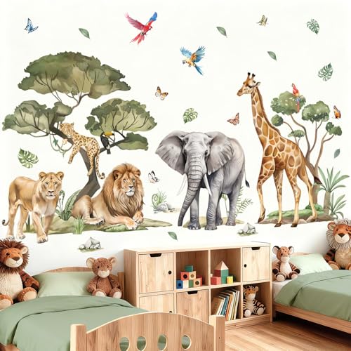 wondever Stickers Muraux Grand Animaux de la Jungle Arbre Autocollants Muraux Mural Stickers Savane Eléphant Lion Safari pour Chambre Enfants Bébé...