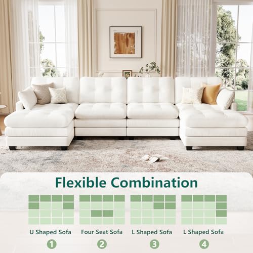 Image of Modular Sectional U Shaped Sofas Couches for Living Room, Tufted Cloud Couch with 2 Movable Ottomans, Comfy Chenille Deep Seat Sofa with Soft Pillows for Bedroom and Apartment, Beige