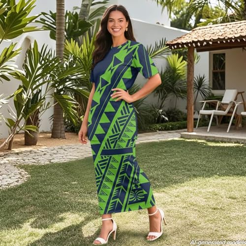 Image of Polynesian Dress for Women Short Sleeve High Waist Maxi Skirt | Puletasi dress, t-shirt and skirt two-piece, elastic material, lightweight, soft, plus size, luau party, wedding, clubwear