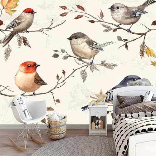 Papier Peint Photo Vintage Oiseaux 300x210 cm Intissé Beige