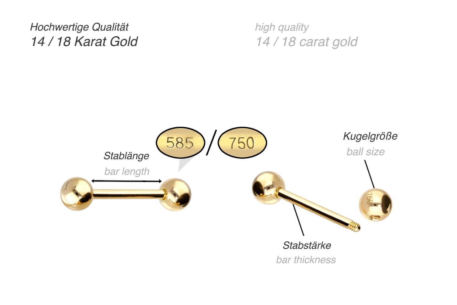 PIERCINGLINE 14K Gold Barbell 585er Gold - Roségoldfarben, Goldfarben, Silberfarben