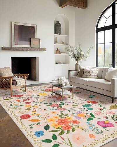 CRYPTOLITE Area Rug 9x12, Washable Large Rugs for Living Room, Non Slip 0.27" Low Pile Vintage Floral Large Carpet for Bedroom, Dining Room, Kids Playroom (Beige)
