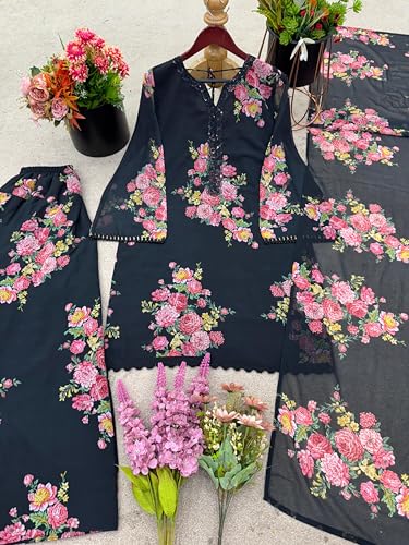 Image of JIYA'S Collection Women's Pure Faux Georgette Kurta Palazzo Set with Dupatta | Digital Print Full Sleeve Kurti with Farshi Pant