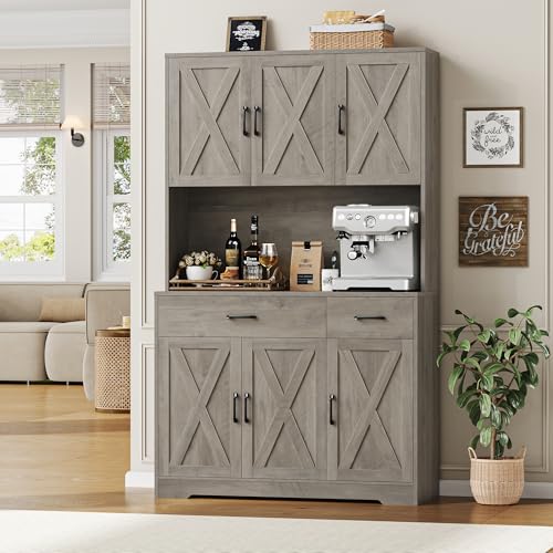 HOSTACK 71" Pantry Cabinet with Charging Station, Tall Kitchen Pantry Storage Cabinet with Microwave Stand, Farmhouse Kitchen Hutch with Storage Drawers for Living Room, Dining Room, Ash Grey