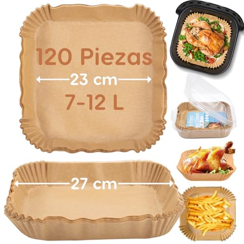 Papel Freidora Aire 23-27cm, 120 Piezas Cuadrado 7-12L Antiadherente Impermeable a Prueba de Aceite Air Fryer Papel Horno Accesorios Freidora de Aire, Perfecto Cosori Philips Ninja Cecotec XXL