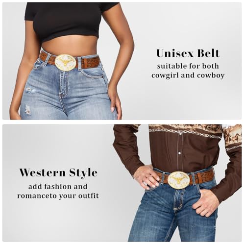 SANSTHS Cowboy Belts for Men Women, Western Leather Belt with Big Buckles Mexican Country Black Longhorn Bull Belt for Jeans4