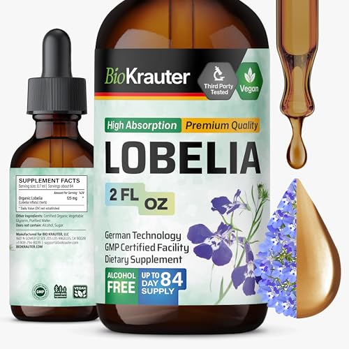 BIO KRAUTER Lobelia Tincture for Lung Cleanse & Detox - Pure Vegan Lobelia Herb Liquid Extract - 2 Fl.Oz. 84 Days of Supply - Respiratory Support Supplement - Alcohol & Sugar Free Non-GMO