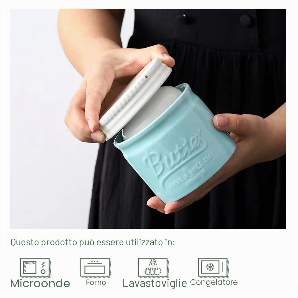 DOWAN Burriera in Porcellana, Portaburro in Porcellana, Burriera Stile Barattolo di Vetro con Coperchio e Acqua, Morbido e Distribuibile, Gadget da Cucina, Blu