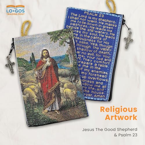 Image of TREE OF LIFE REV. 22:14 Catholic Rosary Pouch, 4 inch x 6 inch Jewelry & Coin Purse with Cross, Small Woven Tapestry Icon Bag, Bolsa de Rosario Catolico para Joyeria, Jesus the Good Shepherd & Psalm 23,