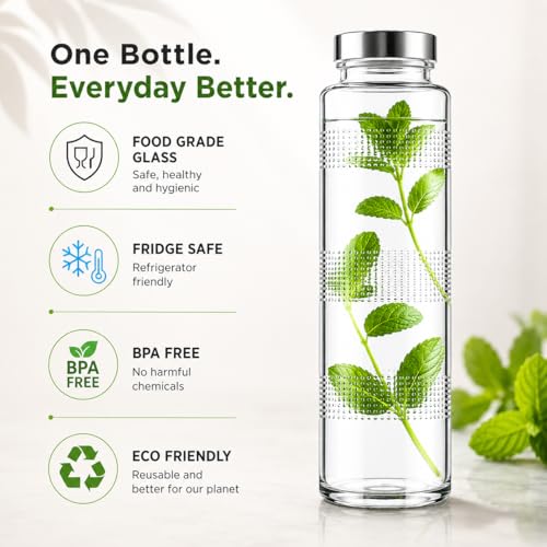 Image of MACHAK Glass Round Transparent Bottle With Leak-Proof Steel Cap | Ideal For Water, Juice, Smoothies & Detox Drinks| 750 Ml (4)