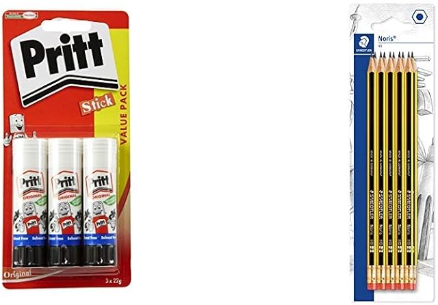 Pritt Stick Original Glue Stick - Multi Pack 3 x 22g - Childproof and washable for paper, cardboard and felt &STAEDTLER 122-2 BK10 Noris HB Pencil with Eraser Tip, Double Stacked, Pack of 10