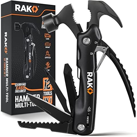 RAK Hammer Multi-Tool - Multi-Functional 12 in 1 Mini Hammer Camping Gear Survival Tool for Men, DIY Handyman, Father/Dad, Husband, Boyfriend Black Cover