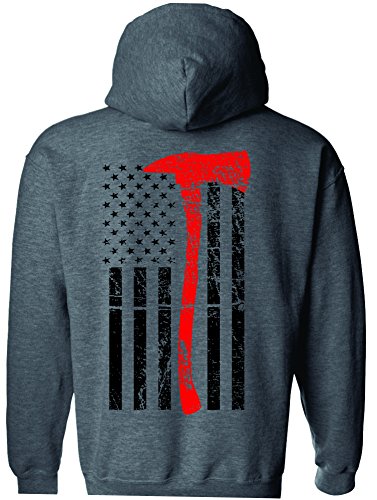 Patriot Apparel Thin Red Line Firefighter Hooded Hoodie Sweatshirt Axe Design (Small, Heather Grey)