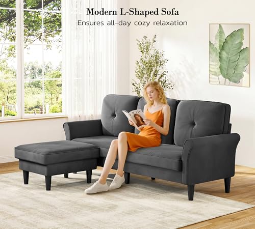 Image of Kidirect Small Sectional Couch, 83 inch L Shaped Couch, Comfy Velvet Couches for Living Room, Tool-Free Setup Modular Sectional Sofa, 850lbs Load Sofas for Living Room with 1 Movable Ottoman, Grey Couch