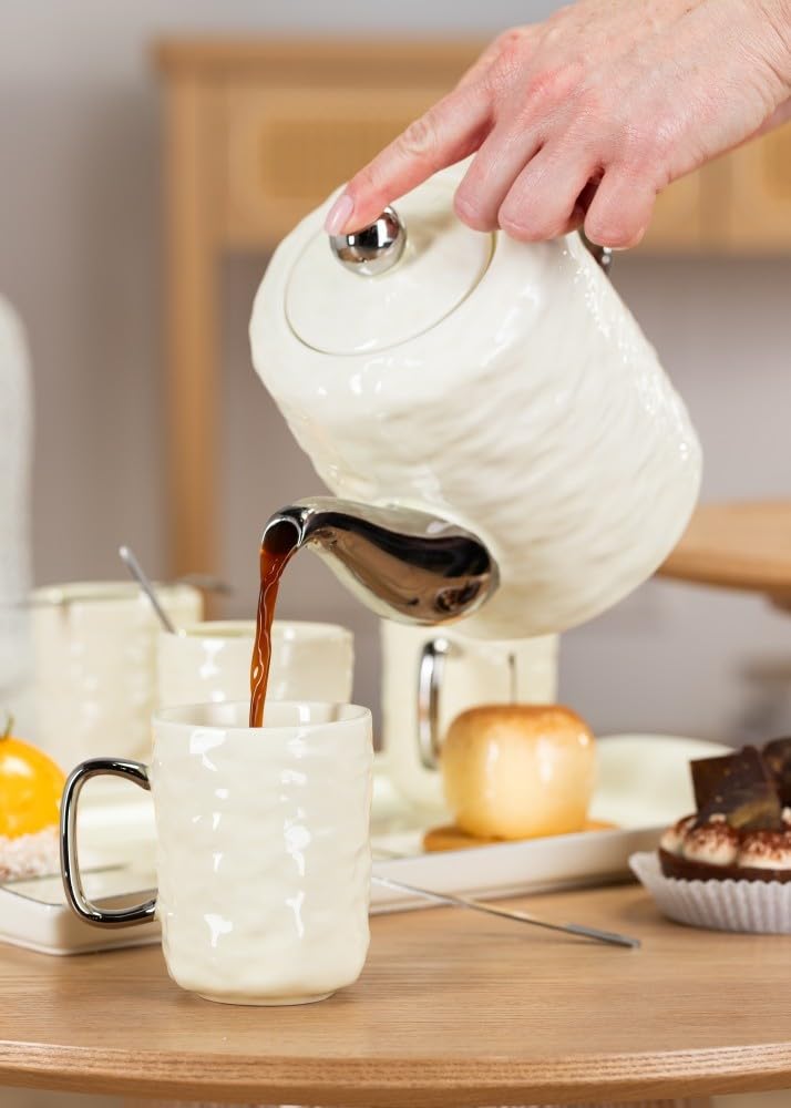 Service à café en céramique pour 4 personnes – Set avec théière, 4 tasses et plateau de service – Service à café en faïence crème – Idéal pour le service à café ou à thé