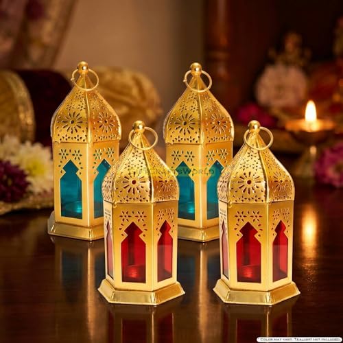 Image of Decorative Diwali Hanging Lantern Tealight Candle Holder Lights for Home Balcony Decoration, Metal Vintage Style Lamp Festive Accent Piece Indoor Outdoor (Red - Light Blue, Set of 4)