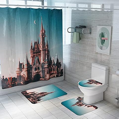 4 Pieces Printing Shower Curtain and Bath Mat Non-slip Toilet Seat Cover Mat Home Decor Toilet Mat Memory Foam U-Shaped Toilet Rug Set Fantastic Castle 120X180 CM Cover
