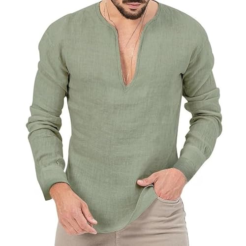 Men's Cotton Linen Henley Shirts Lightweight Long Sleeve Tunic Shirt Beach Casual Yoga T Shirts V Neck Plain Tops (Light Green,3X-Large)