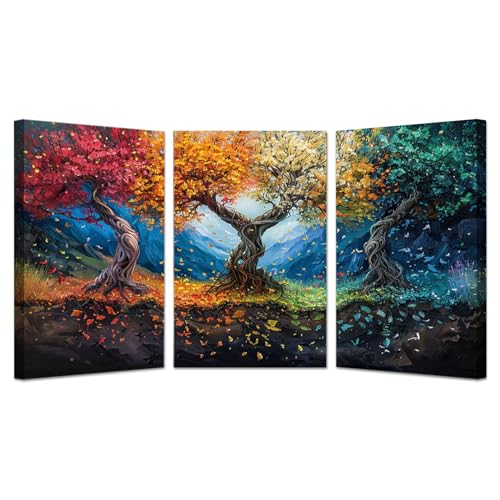 Tableau arbre de vie abstrait jaune vert JOSUE - Toile salon 30x45cm x3 encadrée