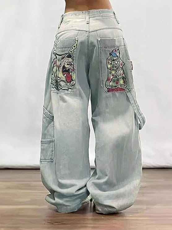 Baggy Jeans Women Men Hip Hop Goth Street Y2k Jeans with Skeleton Print Vintage High Waist Denim Wide Leg Pants Street Wear3