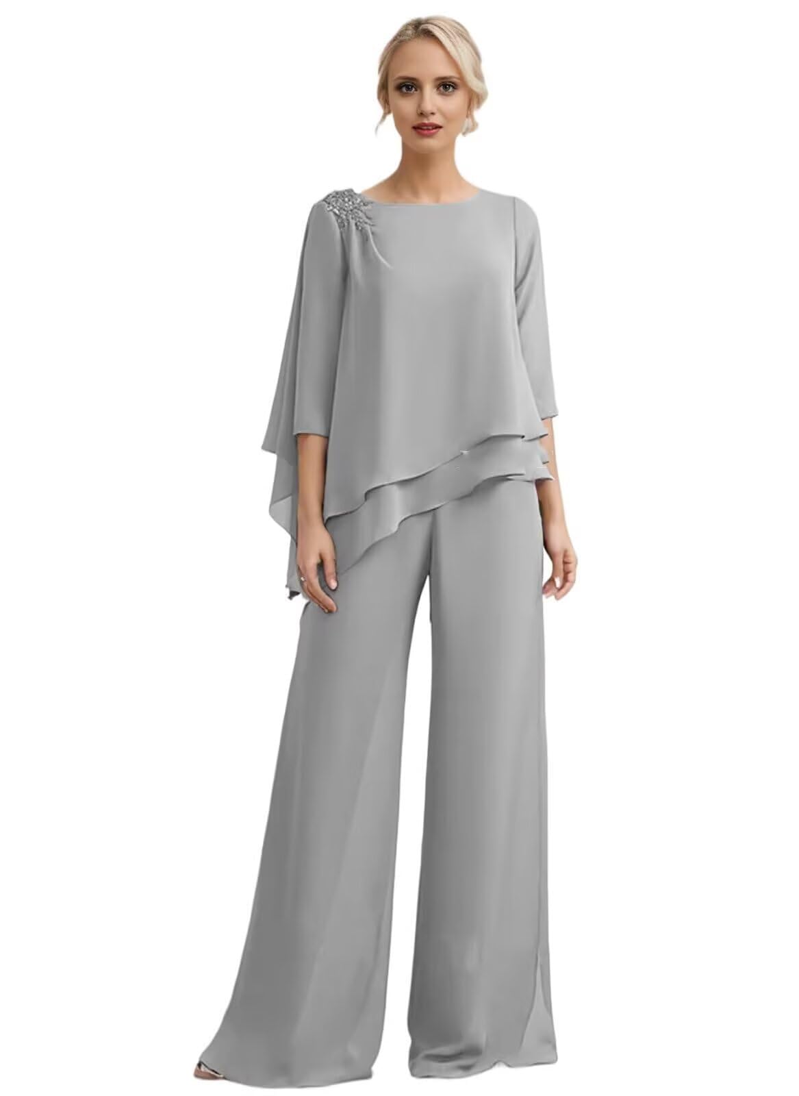 3 4 Sleeves Mother of The Bride Pant Suits for Wedding Lace Appliques Chiffon Long Formal Outfit Sets