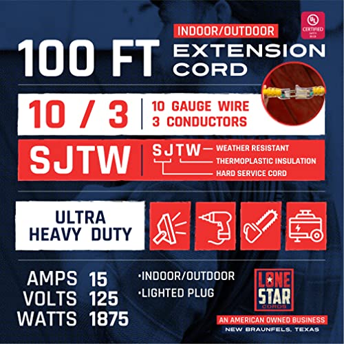 Lone Star Cords 100 Ft 10/3 Sjtw Lighted End Heavy Duty Yellow Outdoor Extension Cord With 3 Prong Grounded Plug - Weatherproof Water Resistant 15 Amp 10 Gauge Cable | Texas Based American Business #TOP1