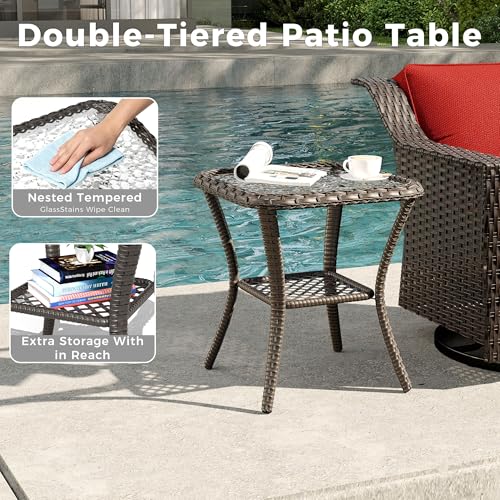 Image of 3 Piece Patio Furniture Set, Wicker Outdoor Conversation Set | Patio Chair Set with Olefin Removable Cushion, All-Weather Glider Swivel Chair Set with Deep Seat for Porch, Deck, Red