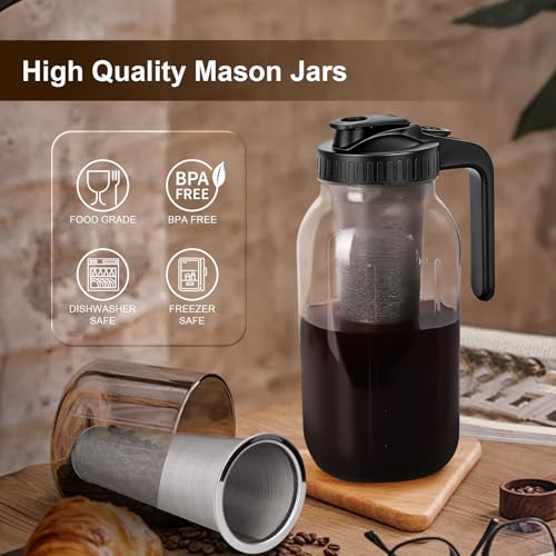 Image of Cold Brew Coffee Maker,Iced Coffee Maker, Mason Jar Pitcher with Stainless Steel Filter, Pour Spout Handle Lid, Heavy Duty Glass for Iced Coffee & Tea -64 Oz（2 Quart） Black