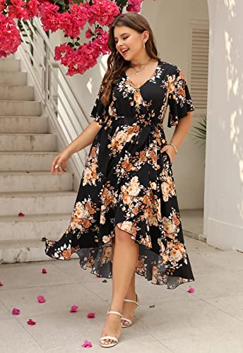 Keluummi Plus Size Summer Wedding Guest Maxi Dress for Curvy Women, V Neck 3/4 Sleeve Empire Waist A Line Floral Long Dress3