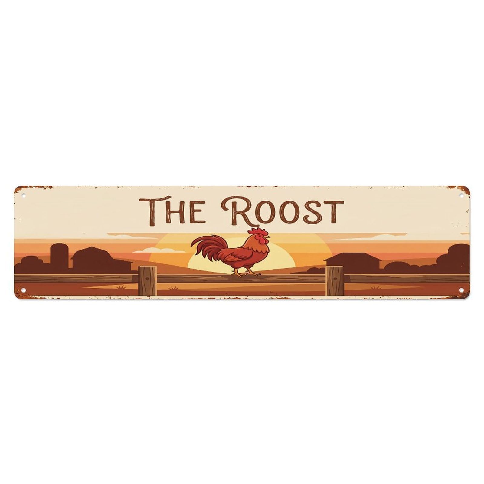 Vintage Rooster Farm Scene The Roost Metal Tin Sign