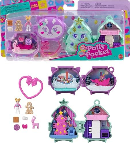 Polly Pocket mini oyuncaklar Mikro bebek, aksesuarlar, evcil hayvan figürü ve klipsli seyahat oyuncağı içeren ve üst üste koyulabilen yılbaşı temalı kompakt oyun setleri paketi, JGM53 - Görsel 1