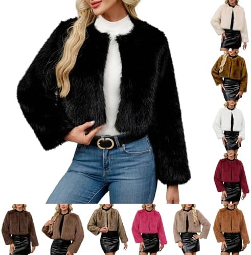 Women Fluffy Faux Fur Coats Long Sleeve Open Front Winter Warm Cropped Coats Short Fur Fuzzy Jacket Outwear