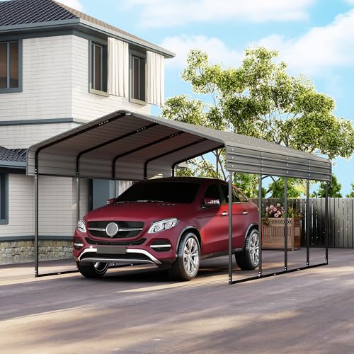 Image of 12x20FT Metal Carport, Heavy Duty Horizontal Roof Canopy with Reinforced Frame and Base for All Seasons, Outdoor Garage Carport for Tractors, Pickup Trucks or Party, Farm Equipment, Gray