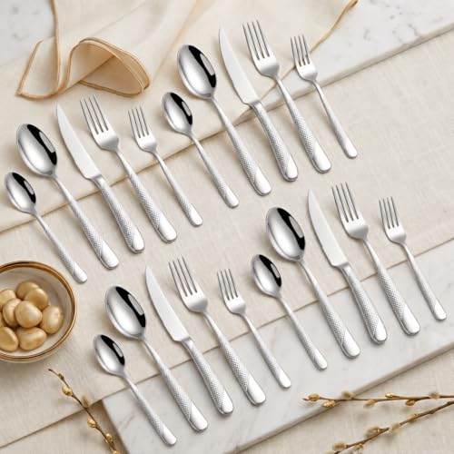 Image of Sterling Silver French Style Sterling Silverware Set | 20-Piece Hammered Flatware with 2-in-1 Serrated Knife | Stainless Steel Cutlery Set | Perfect for Home, Restaurant & Luxury Gifting