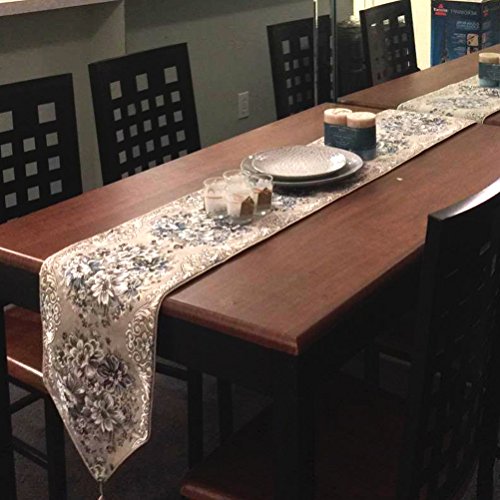 Table Runner Blue 83 Inch European Style Table Runners for Dining Room with Tassels Manual Gold Thread Luxury Classy Embroidery Floral Runner for Coffee Table Piano Dresser Hotel Home Decorations