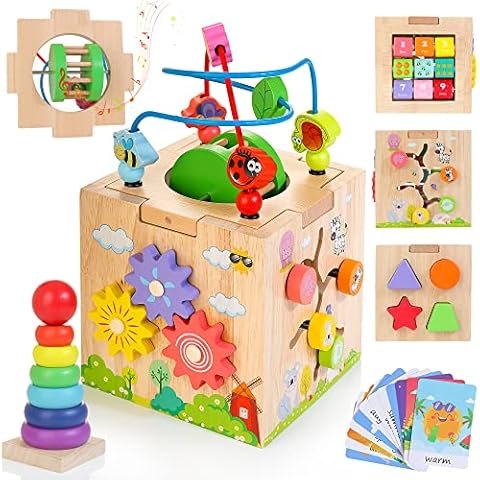WOODMAM 8 in 1 Montessori Spielzeug Motorikwürfel Holz Aktivitätswürfel mit Sortier- und Stapel Spiel und Wort Karten(auf Englisch) Erst Geburtstagsgeschenk für Kleinkinder Jungen Mädchen ab 1 Jahr Cover