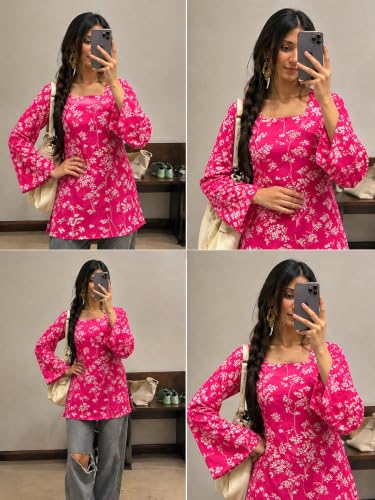 Image of SONISHA Women's Rayon Floral Print Short Kurti for Women Elegance Square Neck, Long Sleeves with Style Criss Cross Back Kurti, Top for Office Wear, Casual, Outdoor