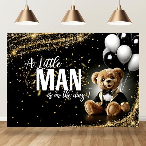 Bcuuipo 7x5ft Baby Shower Backdrop A Little Man is On The Way Bear Black and White Bow Tie Suit Balloon Photography Background for Boys Baby Shower Party Decoration Supplies Banner Photo Booth Props