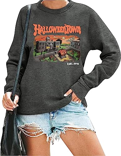 QIANRUO Halloween Town Est 1998 Sweatshirt Women Halloween Horror Spooky Graphic Tees Casual Fall Long Sleeve Pullover Tops (S Dark Gray)