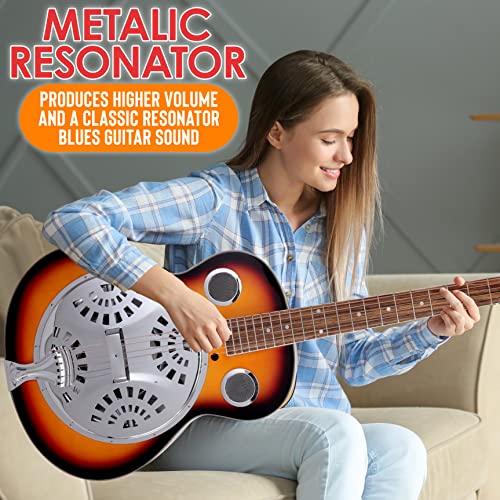 Resophonic Resonator Acoustic Electric Guitar - 6 String Round Neck Sunburst Mahogany Traditional Resonator W/Built-In Pre Amplifier, Case Bag, Strap, Steel Strings, Tuner, Picks #TOP1