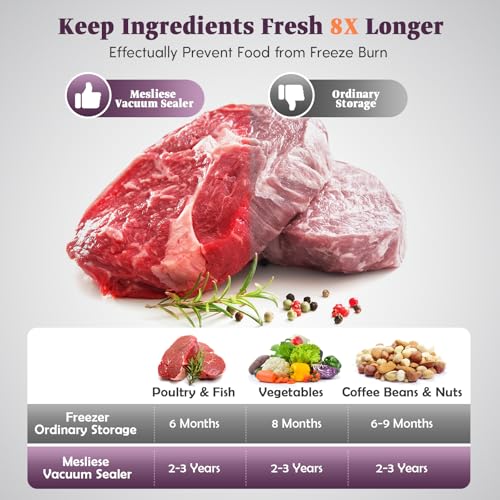 Image of Mesliese Vacuum Sealer Machine 95kPa 140W, 20L /min Suction Speed Food Sealer with Double Heat Seal Strips, Built-in Cutter & Bag Storage, LED Countdown Display, 2 Rolls & 5 Pre-cut Bags