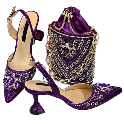 Womens Blue 2025 Nigerian Wedding Shoes Set Italian Rhinestone Bridal Pumps and Matching Evening Party Bag