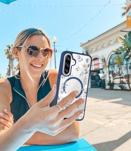 Image of VONZEE Compatible with Samsung Galaxy A57 5G Back Case Luxury Retro Flowers Floral Clear for Magnetic Wireless Charging Case Shockproof PC+TPU Cute Glossy Shiny Cover for Girls Women, Blue