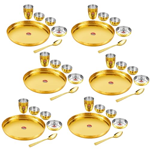 Image of Classic Steels Buffet Gold Hammered Stainless Steel Dinner Set (36 Pieces) Thali Set with 6 Dinner Plates, 12 Bowls, 6 Side Plates, 6 Glasses & 6 Spoons Food-Grade Tableware for Home Use & Gifting
