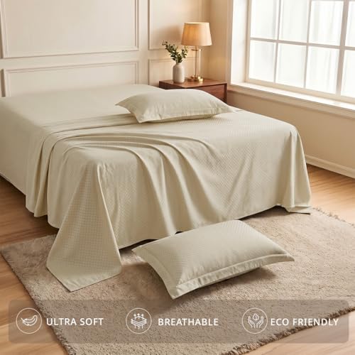 Image of LANE LINEN 400TC 100% Cotton Micro Check King Size Bedsheet - Linen | OEKO-Tex Certified, 108 x 108 Inch, Fits King & Double Size Bed, Breathable & Wrinkle-Free, Includes 2 Pillow Covers