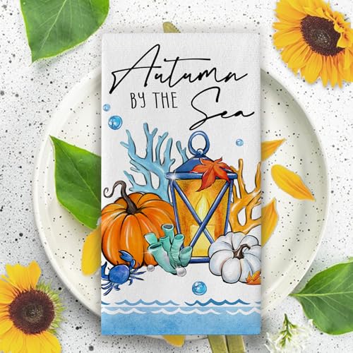Croar CRO-164-KT Fall Pumpkin Kitchen Dish Towels Set Of 2, Autumn By The Sea Lantern Coastal Drying Hand Towels Baking Cooking Cloth, Beach Nautical Shell Coral Starfish Home Kitchen Decoration 18 X 26 Inch thumb #4