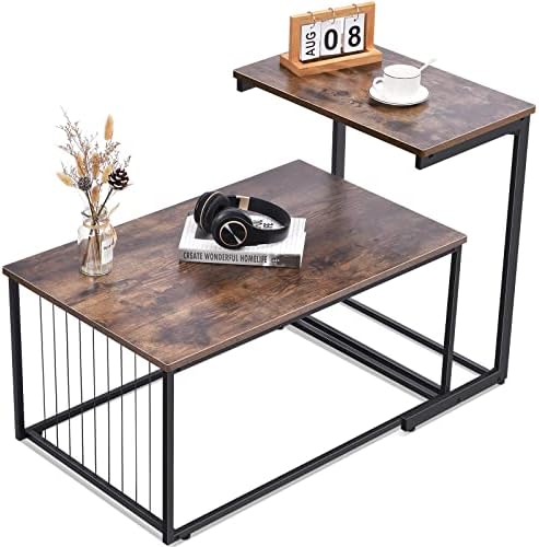 KINGRACK Side Table Set of 2, C Shaped Side Table, Coffee Table, Industrial Side Table with Metal Frame & MDF Board for Living Room, Bedroom, Easy Assemble,Rustic Brown