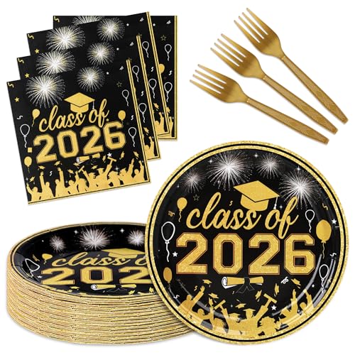 Upigi 75 Pcs Graduation Plates and Napkins Party Supplies Set,Serves 25 Guests Black Gold 2026 Graduation Plates and Napkins,Disposable Paper Tableware Set for Graduation Party Decorations