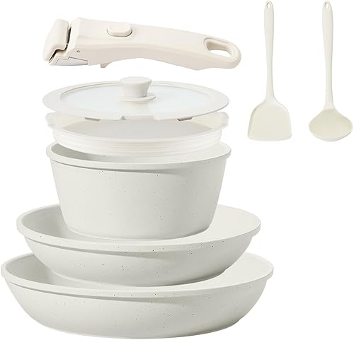 Juego de 8 utensilios de cocina de cerámica, sartén de cerámica antiadherente, juego de ollas y sartenes con mango extraíble, juego de sartenes