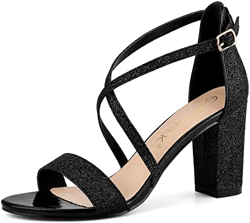 Allegra K Women's Glitter Crisscross Strap Block Heels Black Sandals 6 M US
